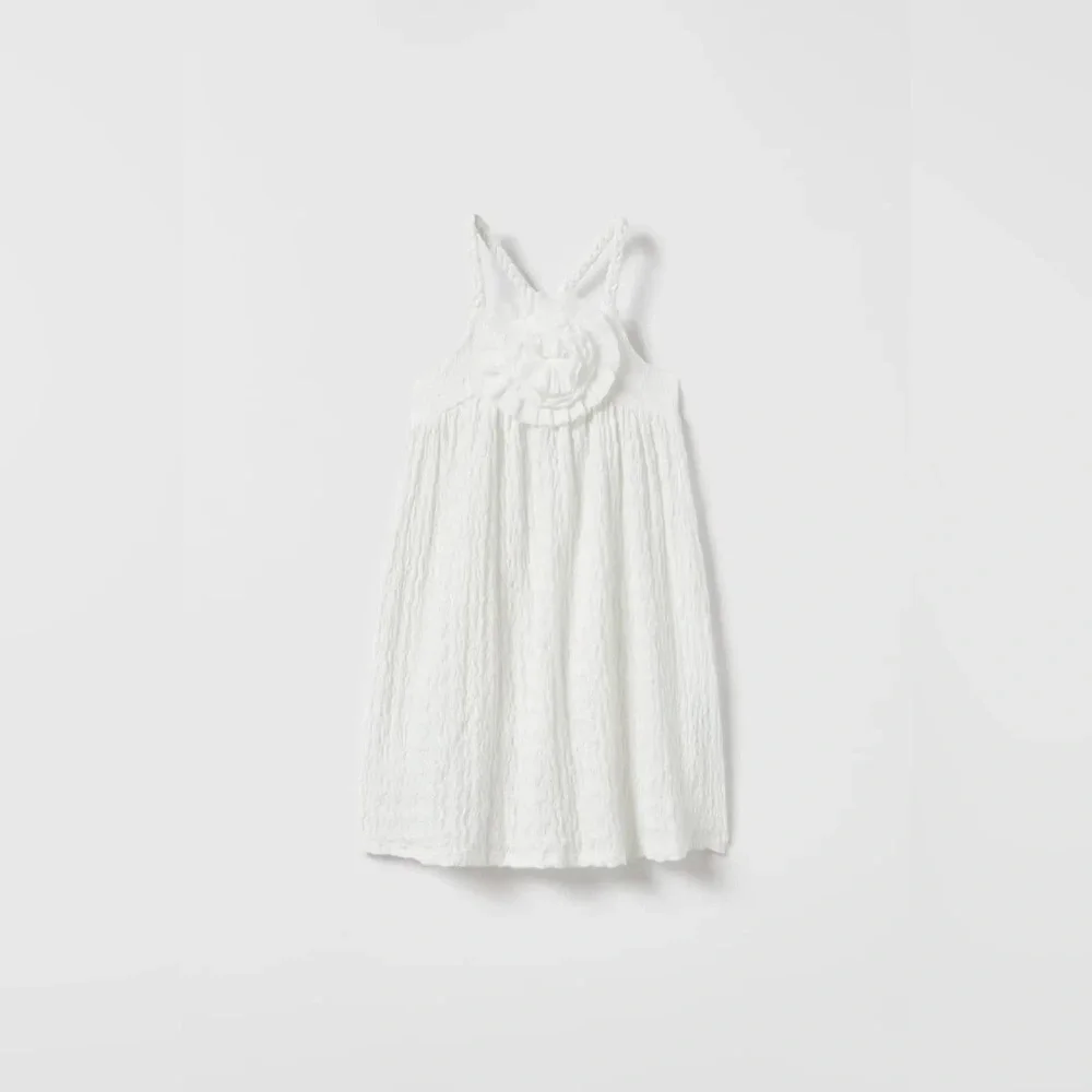 Zara Kids Girl Textured Floral Appliqué Dress - White - Picture 9 of 9